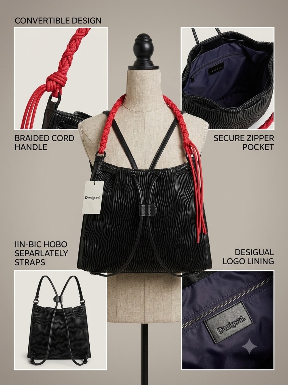Desigual Black Hobo Bag with Red Braided Cord Strap